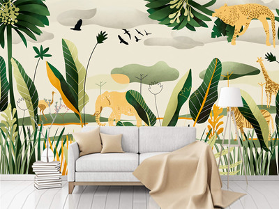 北歐現(xiàn)代手繪熱帶雨林植物動(dòng)物背景墻壁畫(huà)
