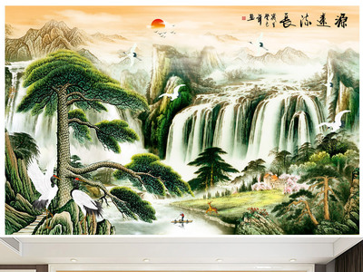 中式流水生財(cái)源遠(yuǎn)流長(zhǎng)山水畫(huà)電視背景墻