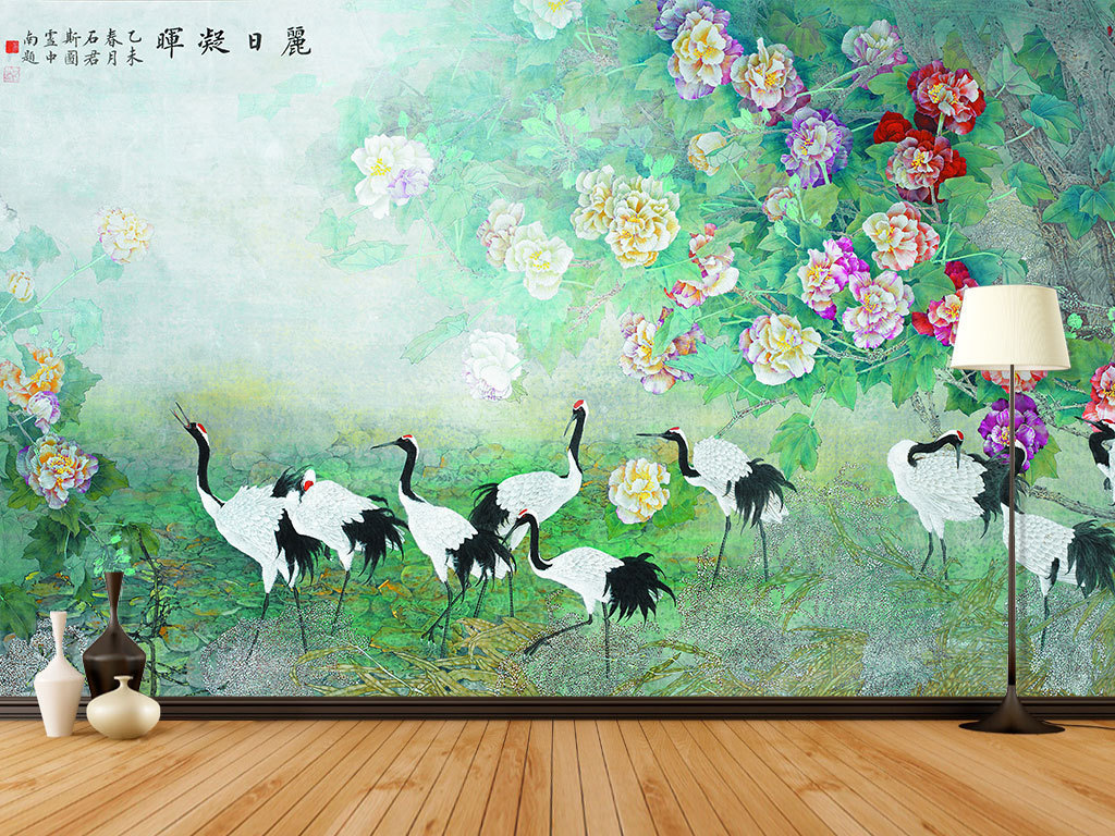 古風水墨鶴牡丹花中式背景墻壁畫